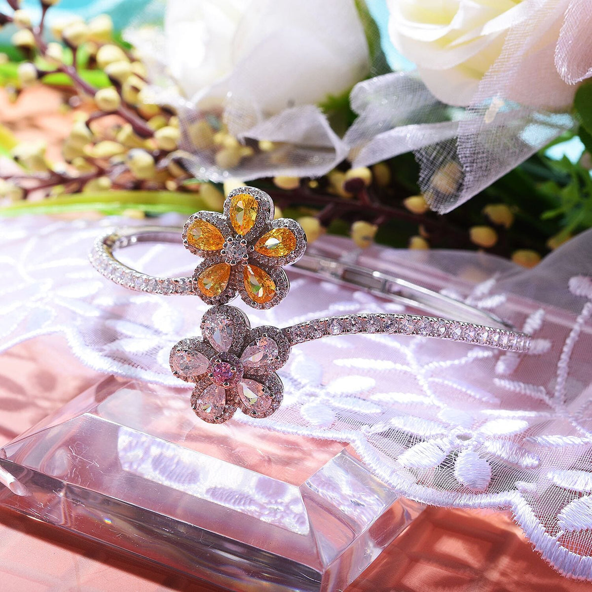 Lustro Stella - Yellow, Pink &amp; White Cubic Zirconia Bypass Floral Bangle (Size 7.5) in Rhodium Overlay Sterling Silver , Silver Wt. 16.90 Gms 7698180 2