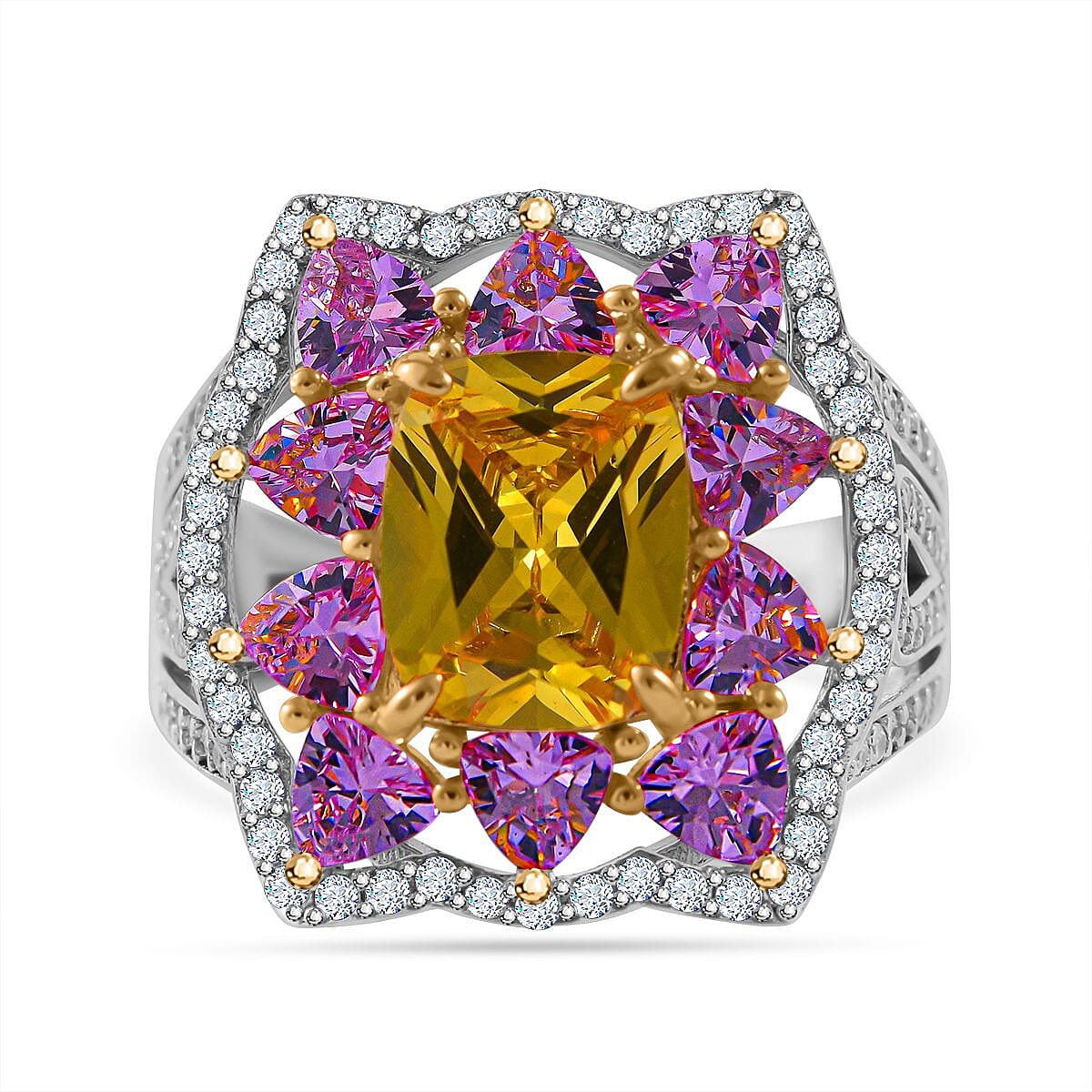 Multicolour Cubic Zirconia Ring in Rhodium Overlay Sterling Silver, Silver Wt. 6.00 Gms 7698255 0