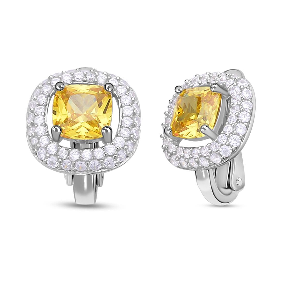 Simulated Yellow Sapphire and Simulated Diamond Earrings (With Clasp) in Rhodium Overlay Sterling Silver 3.840 Ct. 7265039 0