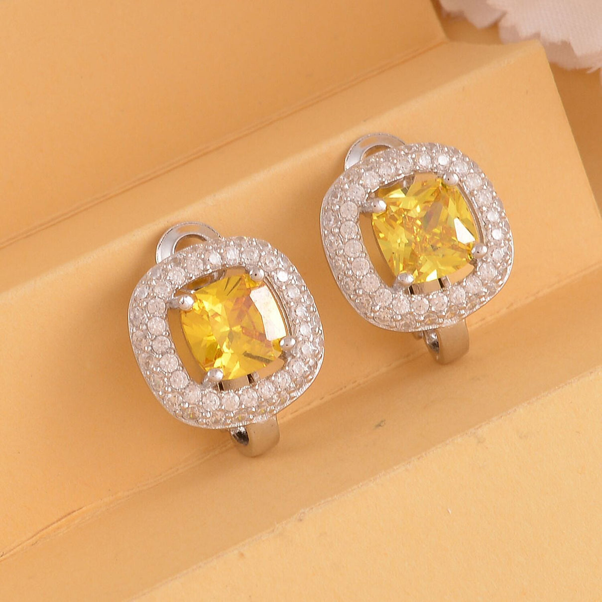 Simulated Yellow Sapphire and Simulated Diamond Earrings (With Clasp) in Rhodium Overlay Sterling Silver 3.840 Ct. 7265039 2