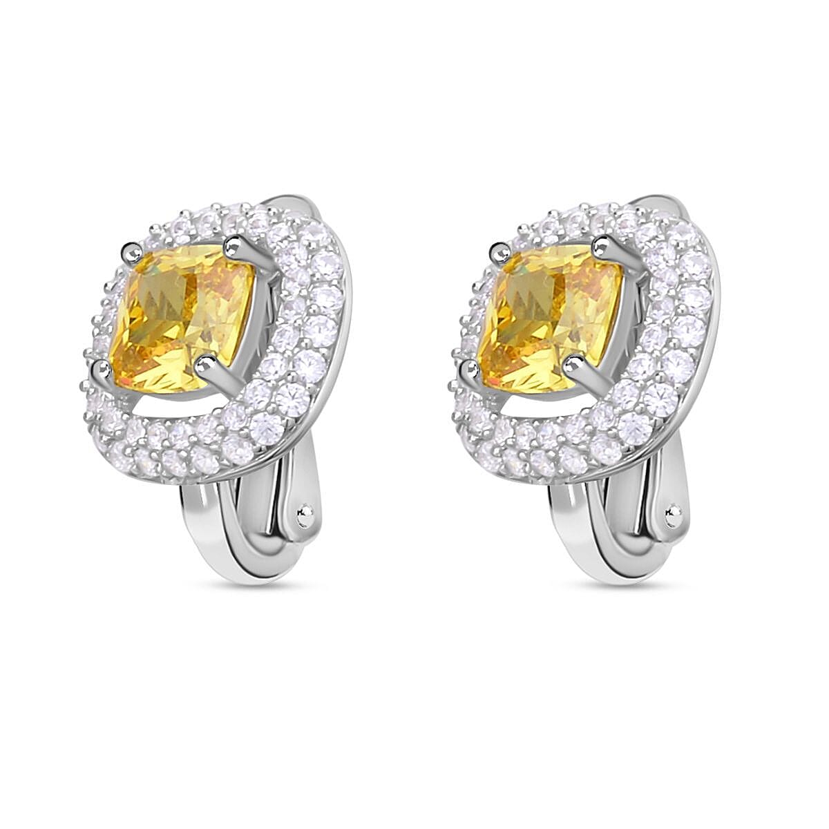 Simulated Yellow Sapphire and Simulated Diamond Earrings (With Clasp) in Rhodium Overlay Sterling Silver 3.840 Ct. 7265039 4