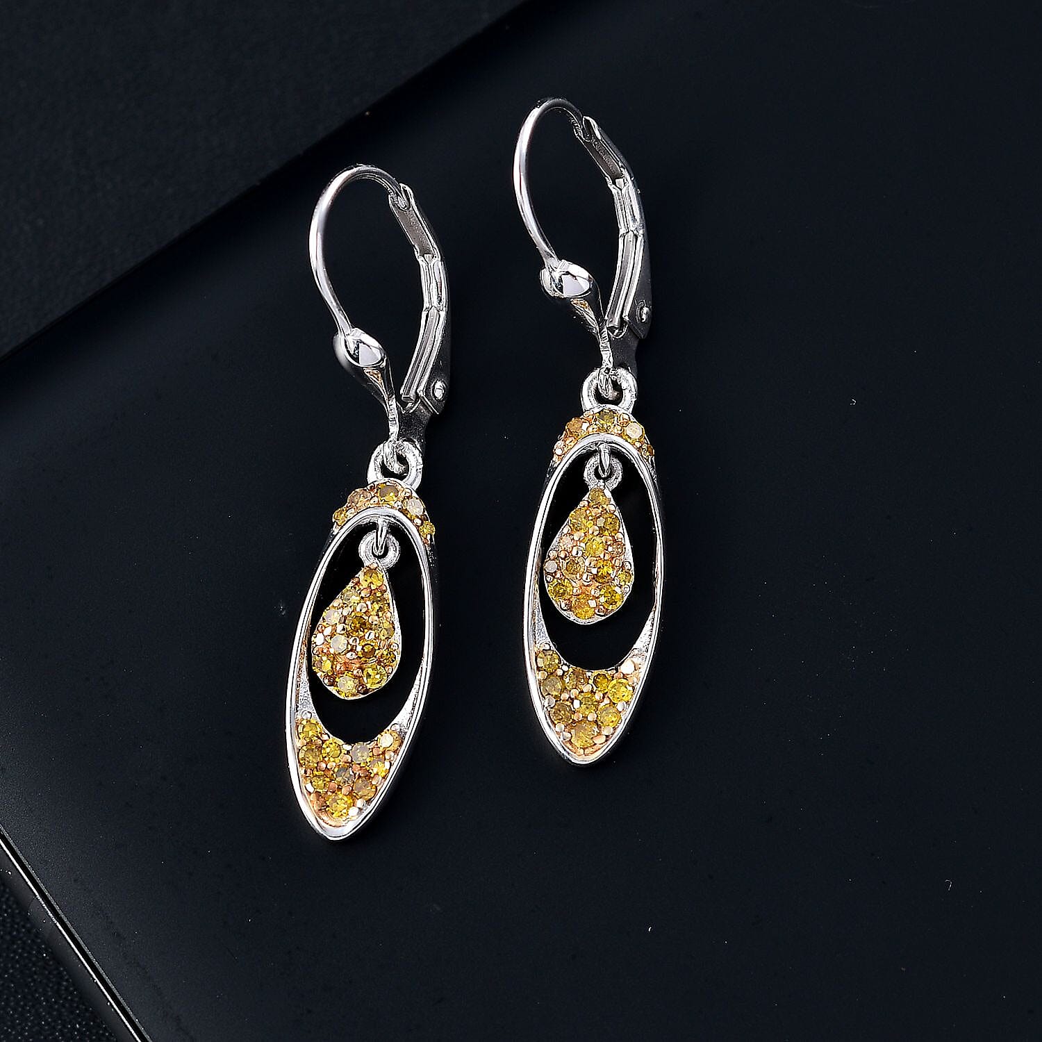 Yellow Diamond Dangle Earring with Lever Back in Rhodium Overlay Sterling Silver 7968549 2