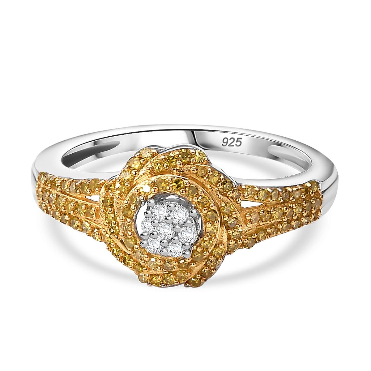 Yellow Diamond &amp; White Diamond Cluster Ring in Rhodium Overlay Sterling Silver 0.33 Ct. 7968750 0