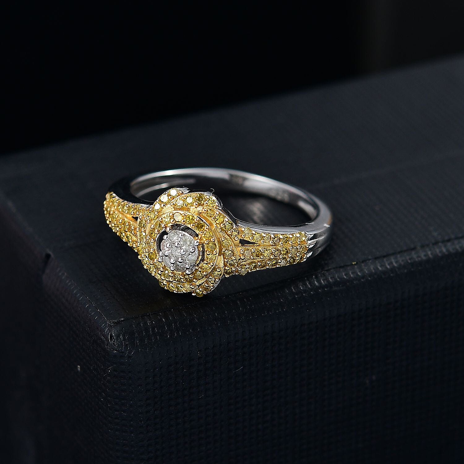 Yellow Diamond &amp; White Diamond Cluster Ring in Rhodium Overlay Sterling Silver 0.33 Ct. 7968750 2
