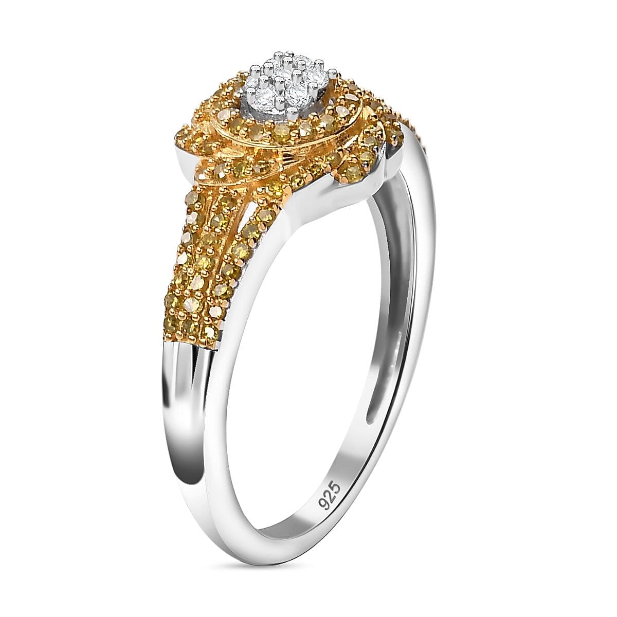 Yellow Diamond &amp; White Diamond Cluster Ring in Rhodium Overlay Sterling Silver 0.33 Ct. 7968750 4
