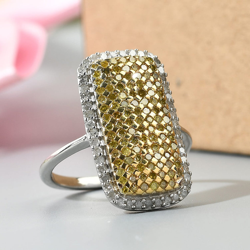 Yellow Diamond & White Diamond Cluster Ring in Platinum Overlay Sterling Silver 1.00 Ct.
