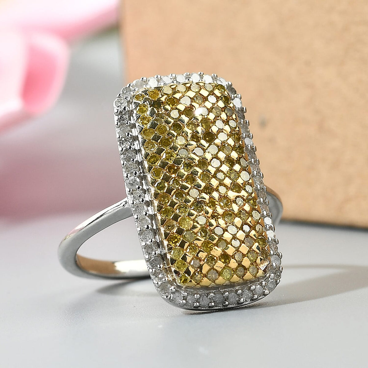 Yellow Diamond and White Diamond Cluster Ring in Platinum Plated Sterling Silver 1.00 Ct. 3864477 1