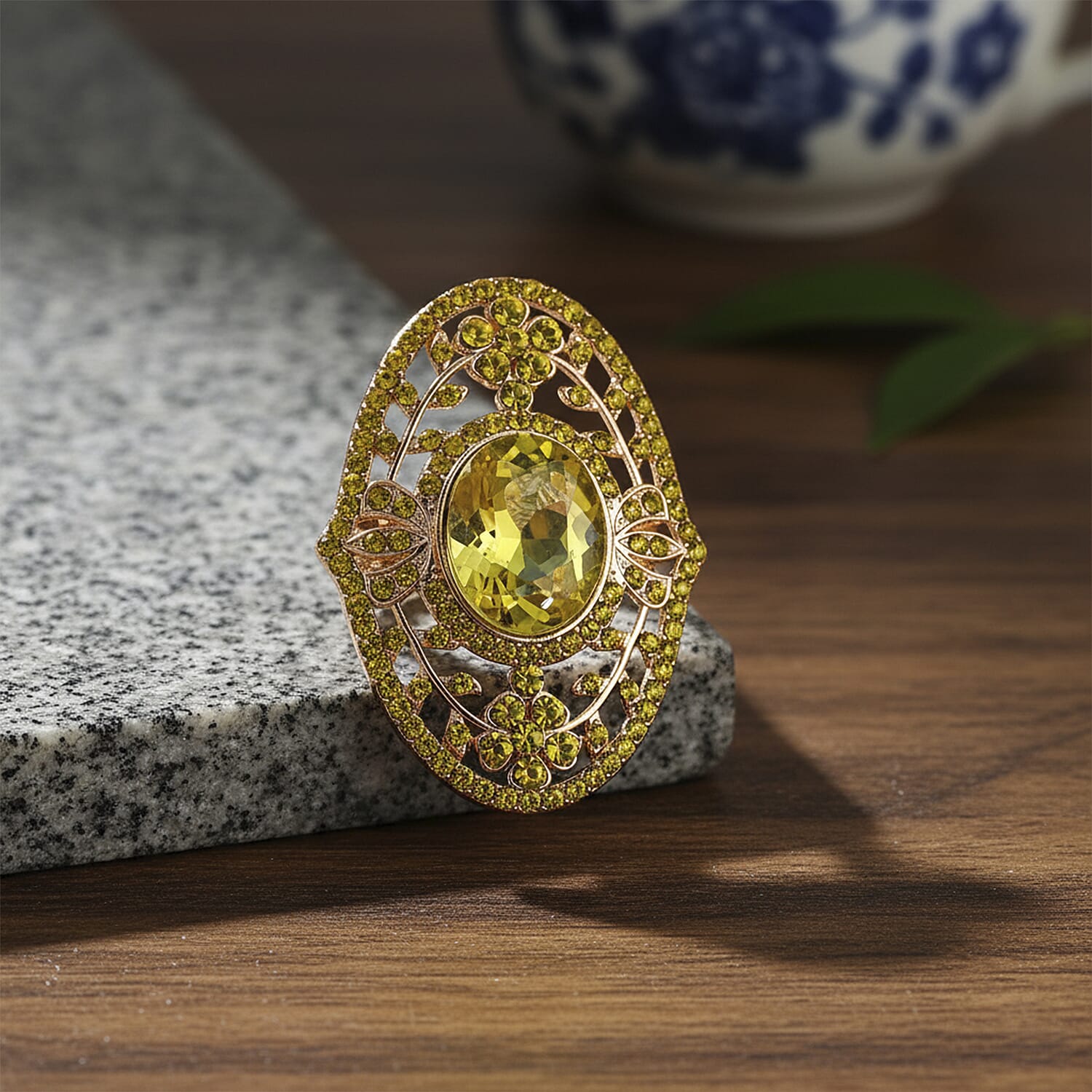 Yellow Glass &amp; Austrian White Crystal Adjustable Ring in Yellow Gold Tone 8262413 2