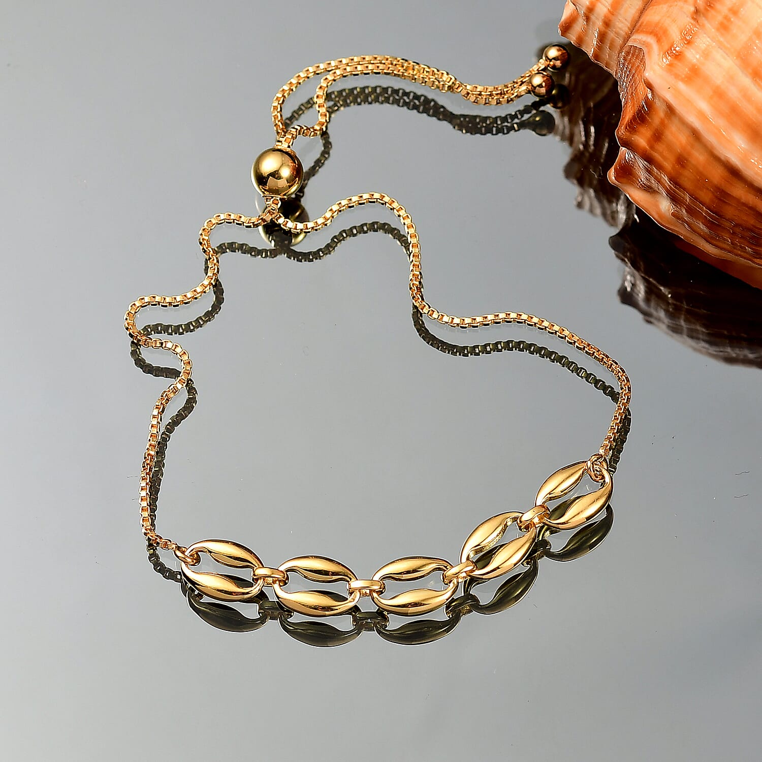 Designer Closeout Deal - Gold Plated Sterling Silver Mariner Shell Charm Bracelet (Adjustable Upto Size - 10.5) 8194558 2