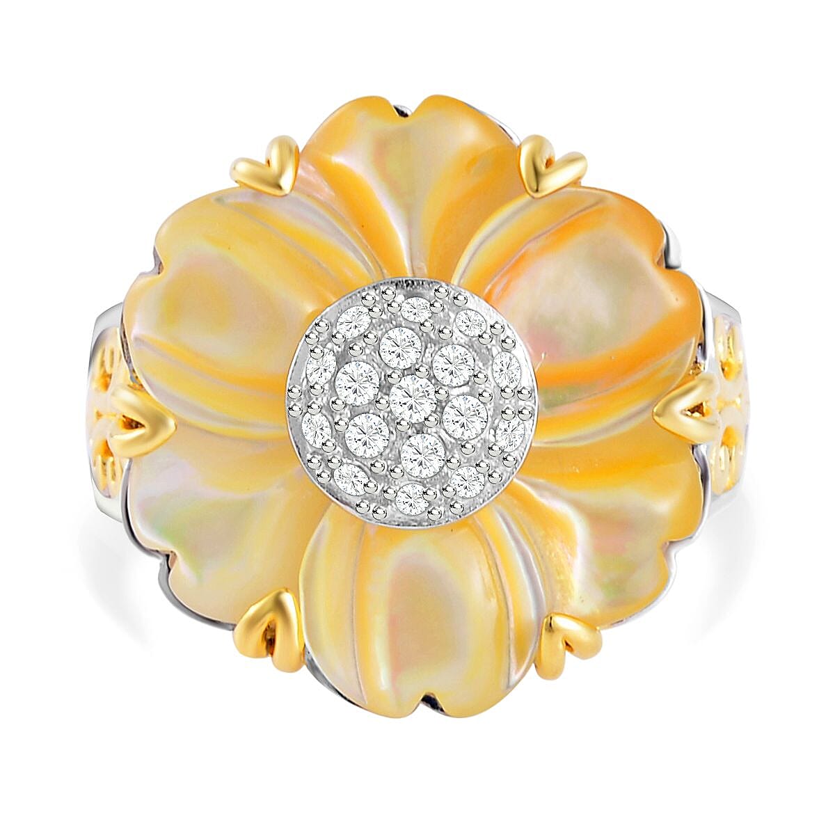 Yellow Mother Of Pearl &amp; Natural Zircon Floral Ring in Rhodium and 18K Vermeil Yellow Gold Plated Sterling Silver 6.34 Ct, Silver Wt. 6.10 Gms. 7586386 0