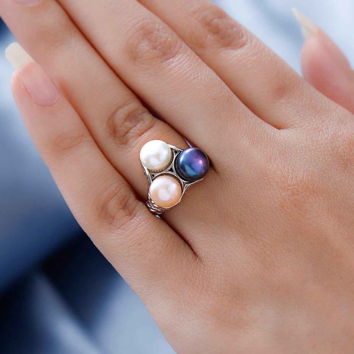 GP Pearl Collection - Yellow, Tahiti &amp; White Pearl Ring in Platinum Overlay Sterling Silver 6.84 Ct, Silver Wt. 6.61 Gms 7547775 2