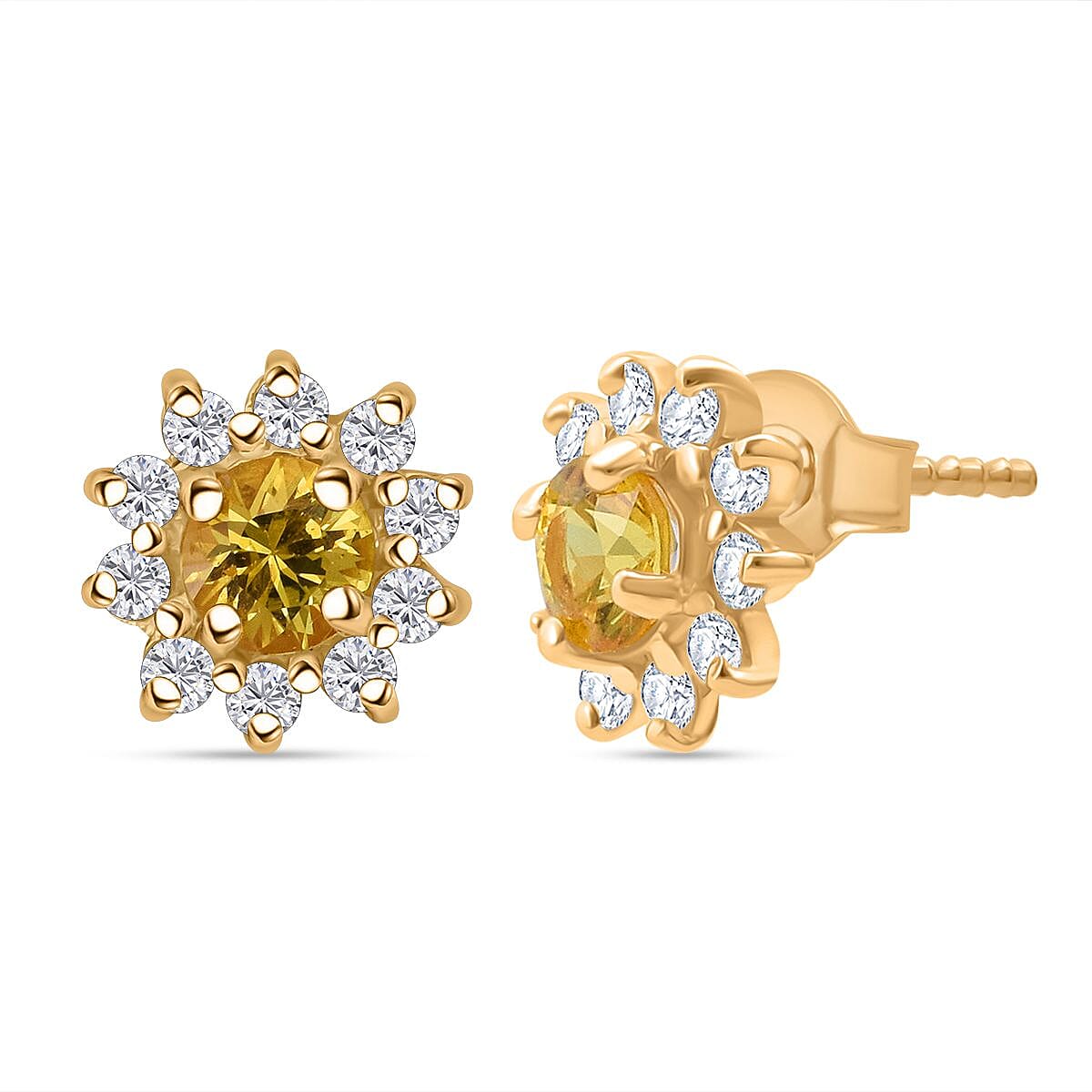Yellow Sapphire, White Zircon Halo Earring with Push Back in Yellow Gold Plated Sterling Silver 1.11 Ct. 8257475 0