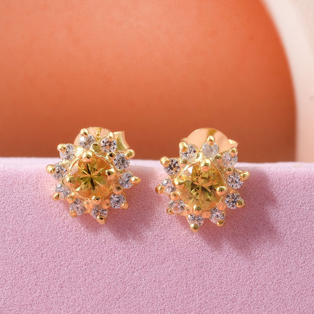 Yellow Sapphire, White Zircon Halo Earring with Push Back in Yellow Gold Plated Sterling Silver 1.11 Ct. 8257475 1