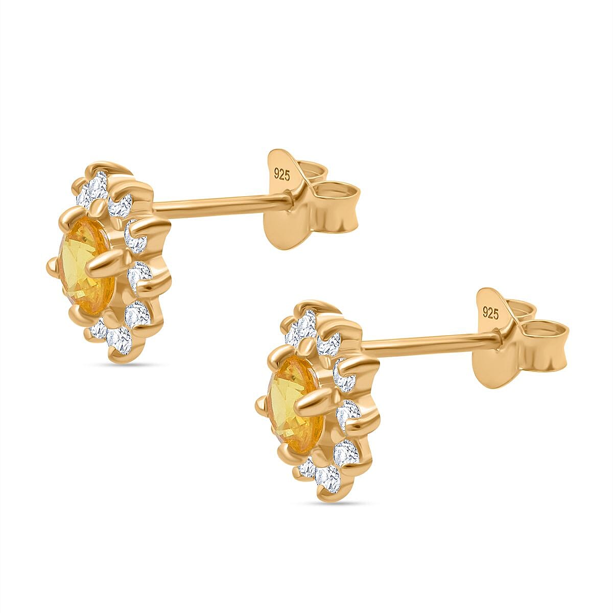 Yellow Sapphire, White Zircon Halo Earring with Push Back in Yellow Gold Plated Sterling Silver 1.11 Ct. 8257475 3