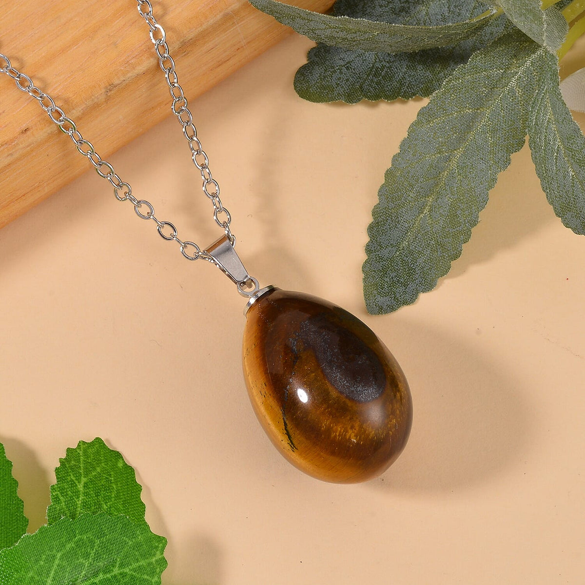 Yellow Tigers Eye Egg Shaped Necklace (Size - 30) in Stainless Steel 7688638 2