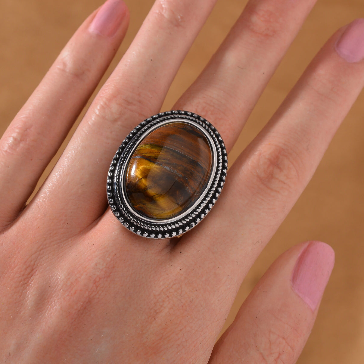 Yellow Tigers Eye Oval Shape Ring with Oxidized 50.00 Ct. 7678754 2