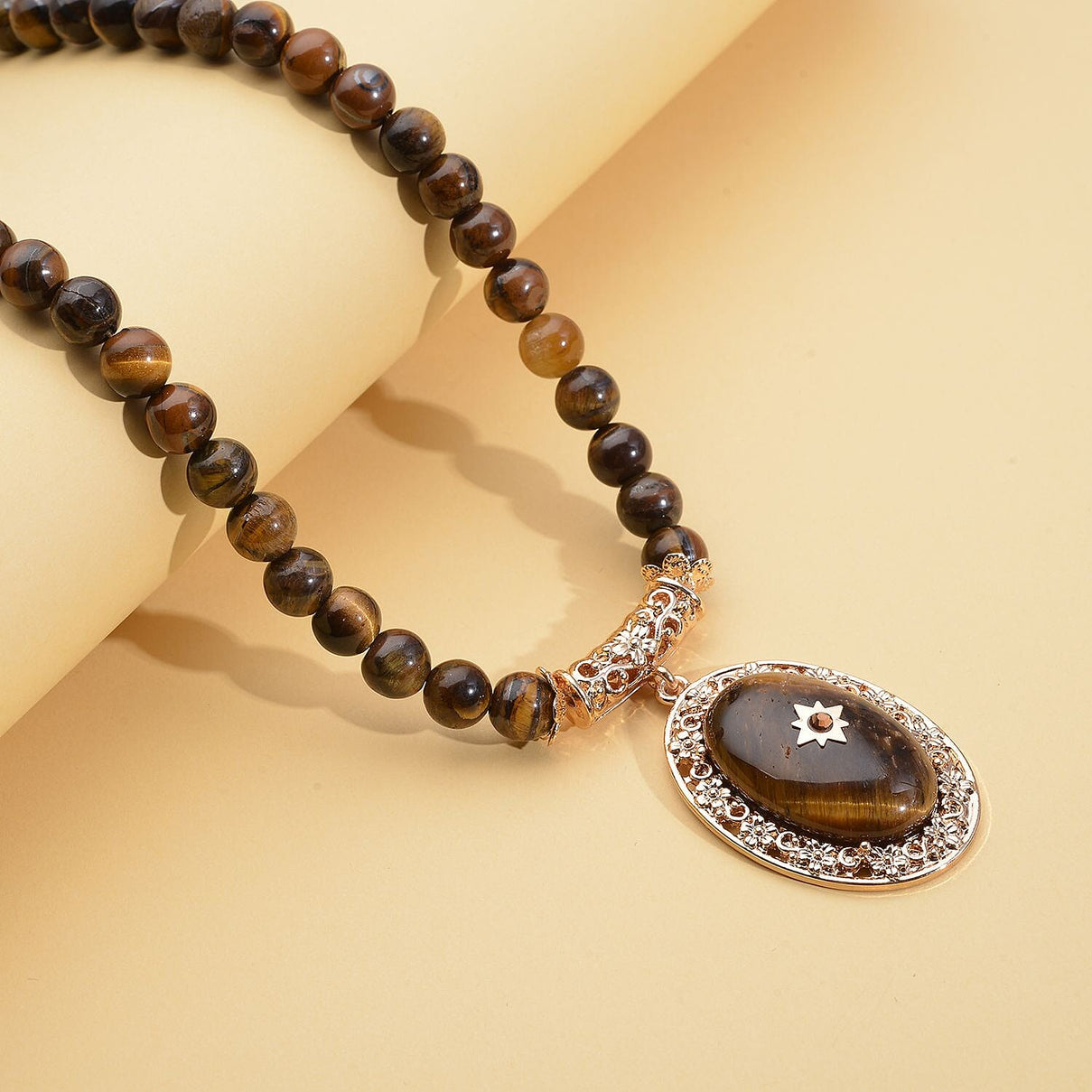 Yellow Tigers Eye and Brown Austrian Crystal Necklace (Size - 18.5 with 4 inch Extender) in Yellow Gold Tone 255.01 Ct. 7026472 2
