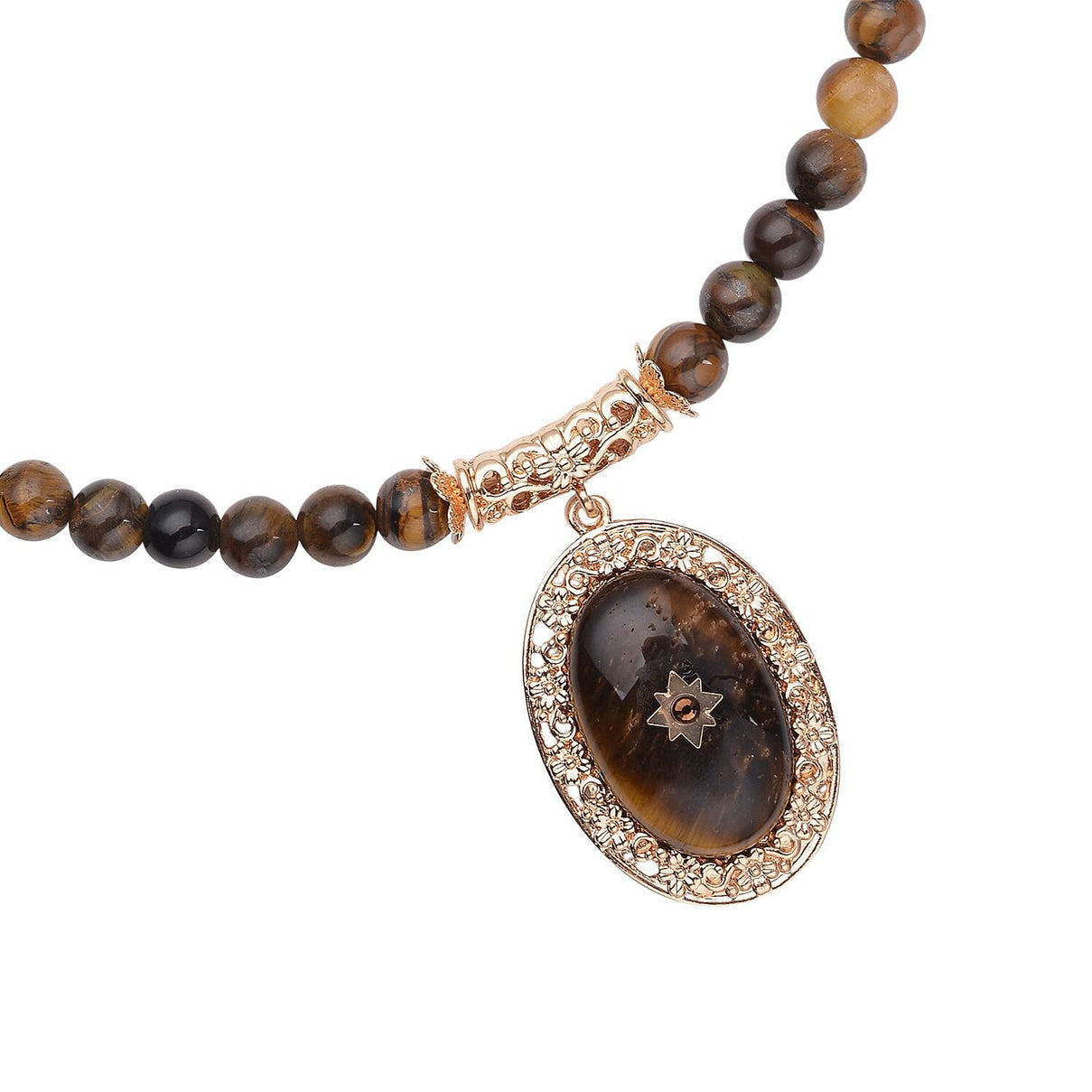 Yellow Tigers Eye and Brown Austrian Crystal Necklace (Size - 18.5 with 4 inch Extender) in Yellow Gold Tone 255.01 Ct. 7026472 3
