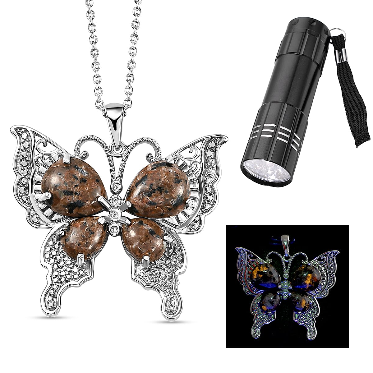 Yooperlite Butterfly Pendant with Chain (Size 20) in Platinum Overlay Sterling Silver 11.61 Ct, Silver Wt. 10.94 Gms 4202740 0