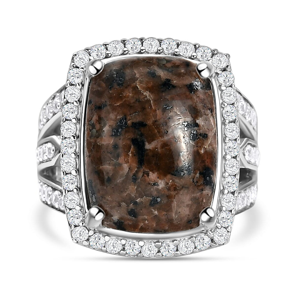 Yooperlite and Natural Cambodian Zircon Ring in Platinum Overlay Sterling Silver 12.01 ct, Silver Wt. 6.37 Gms