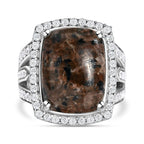 Yooperlite and Natural Cambodian Zircon Ring in Platinum Overlay Sterling Silver 12.01 ct, Silver Wt. 6.37 Gms