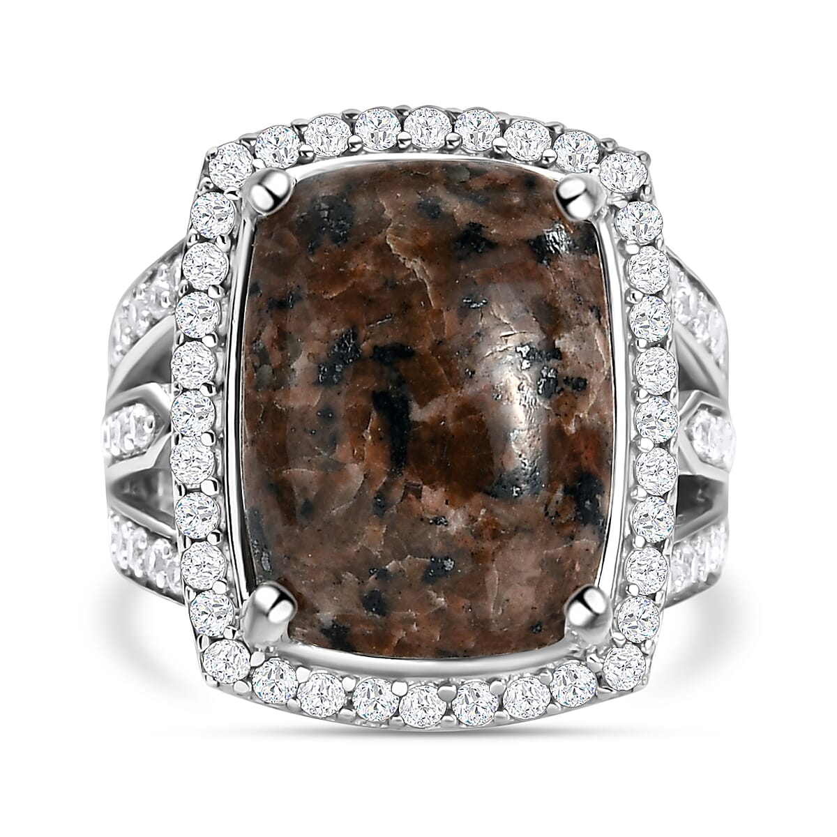 Yooperlite and Natural Cambodian Zircon Ring in Platinum Overlay Sterling Silver 12.01 ct, Silver Wt. 6.37 Gms 8946430 0
