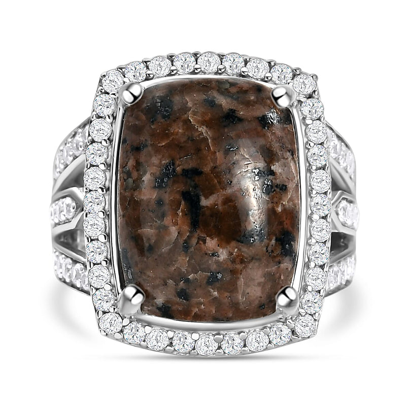 Yooperlite and Natural Cambodian Zircon Ring in Platinum Overlay Sterling Silver 12.01 ct, Silver Wt. 6.37 Gms
