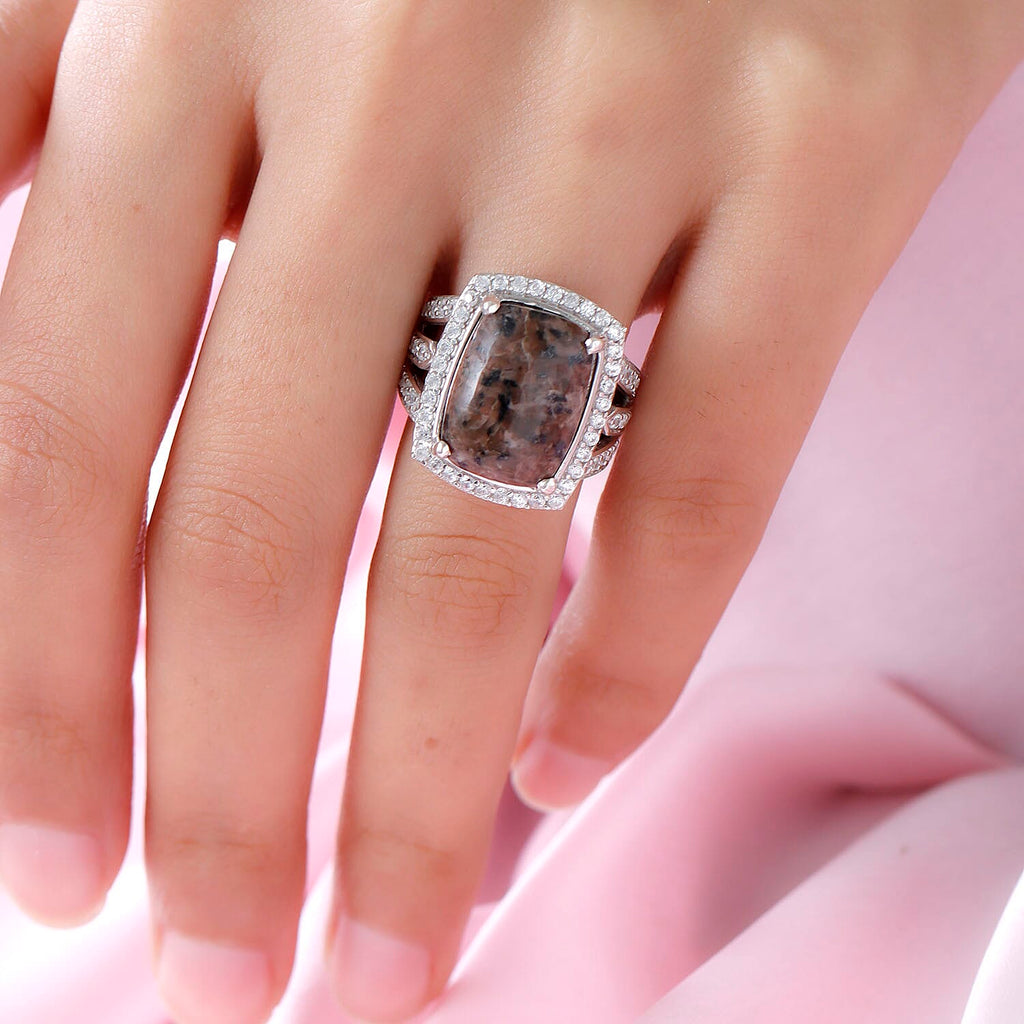 Yooperlite and Natural Cambodian Zircon Ring in Platinum Overlay Sterling Silver 12.01 ct, Silver Wt. 6.37 Gms