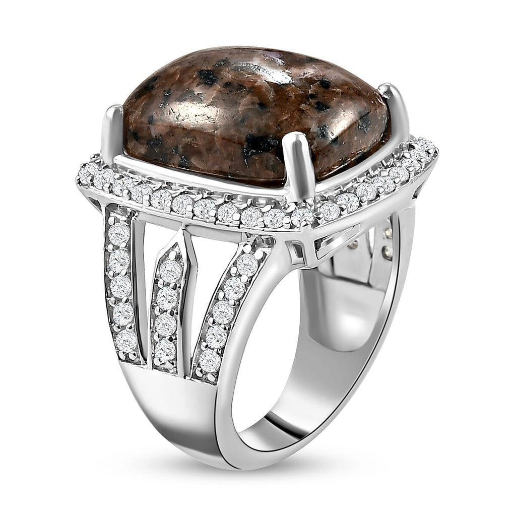 Yooperlite and Natural Cambodian Zircon Ring in Platinum Overlay Sterling Silver 12.01 ct, Silver Wt. 6.37 Gms