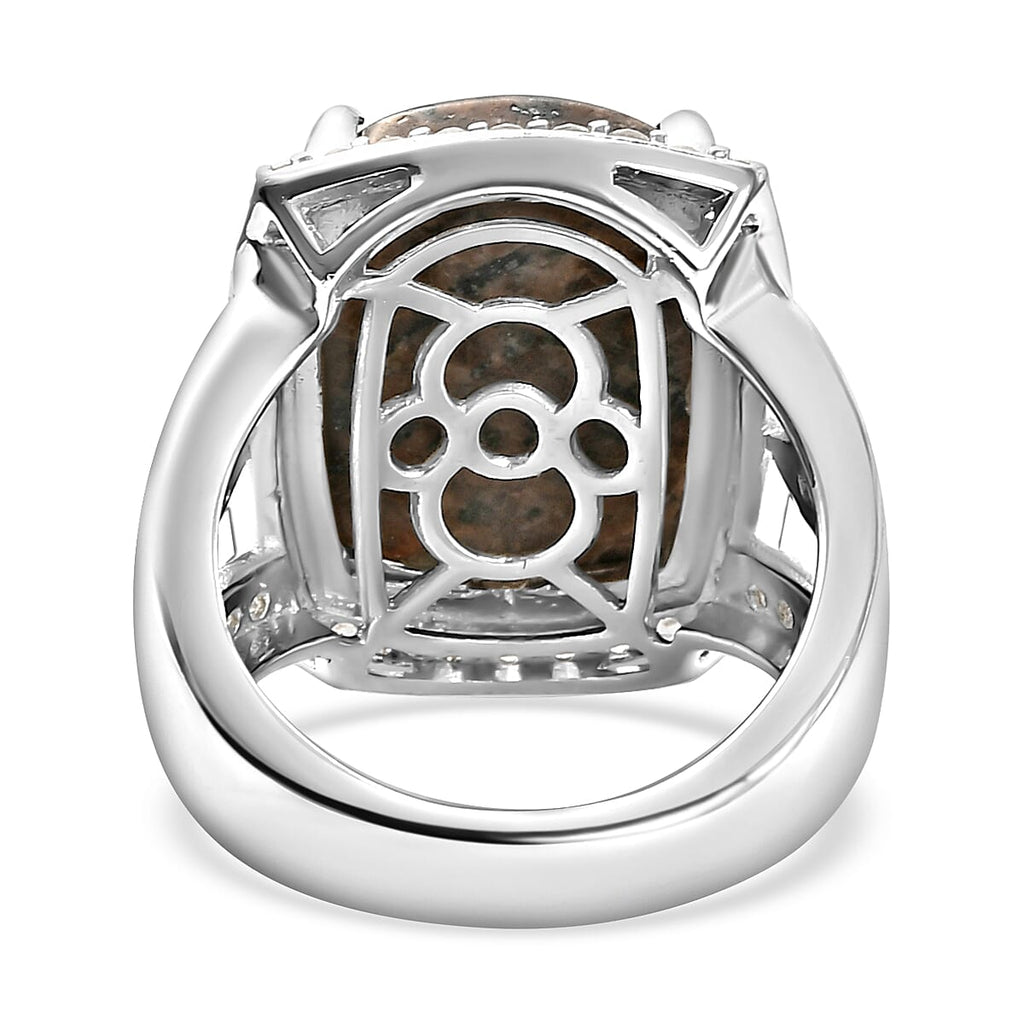 Yooperlite and Natural Cambodian Zircon Ring in Platinum Overlay Sterling Silver 12.01 ct, Silver Wt. 6.37 Gms