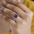 Concave Cut Zambian Amethyst & White Zircon Ring in Rhodium Overlay Sterling Silver 5.22 ct.