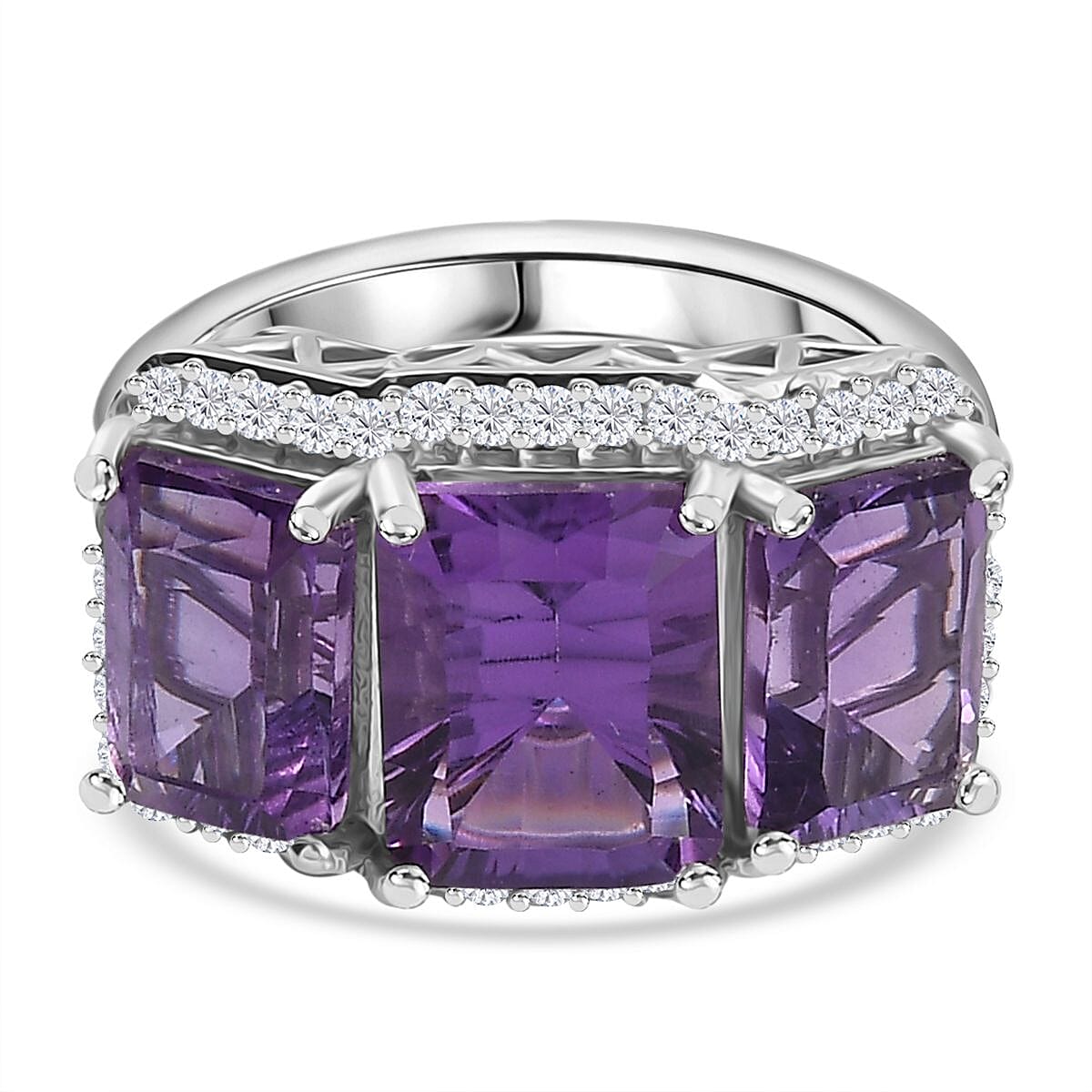 Zambian Amethyst and White Zircon Cluster Trinity Ring 7894500 2