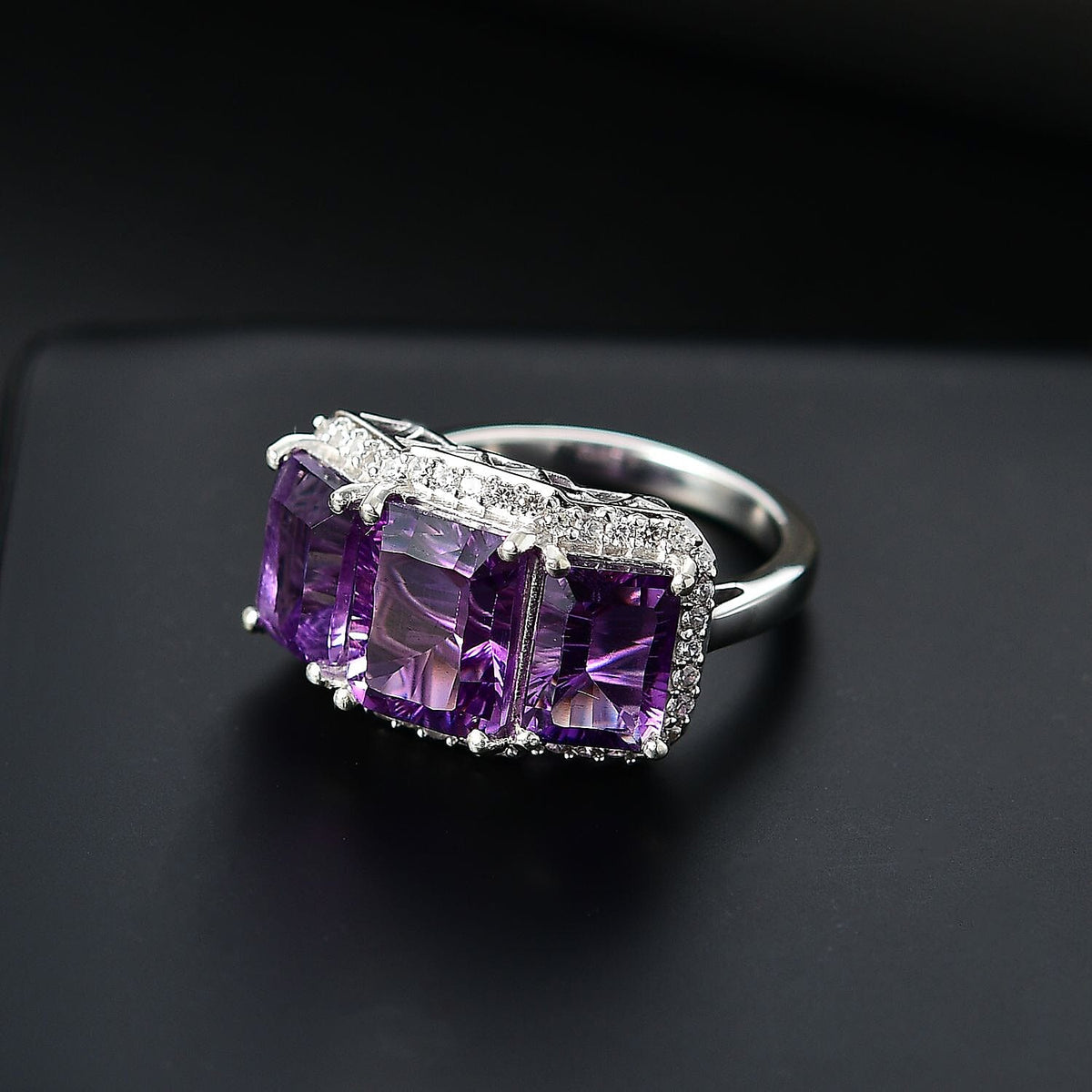 Zambian Amethyst and White Zircon Cluster Trinity Ring 7894500 4