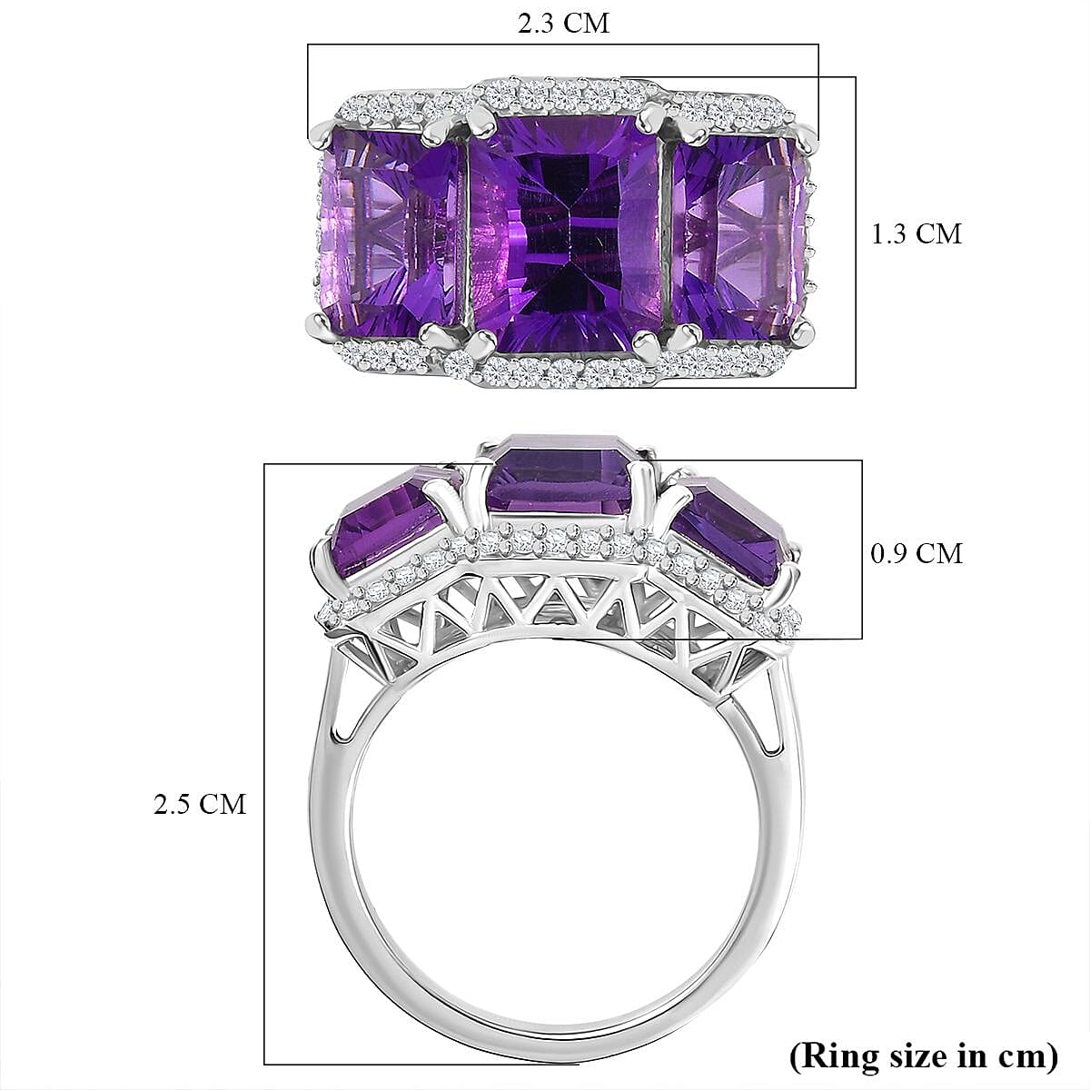 Zambian Amethyst and White Zircon Cluster Trinity Ring 7894500 12