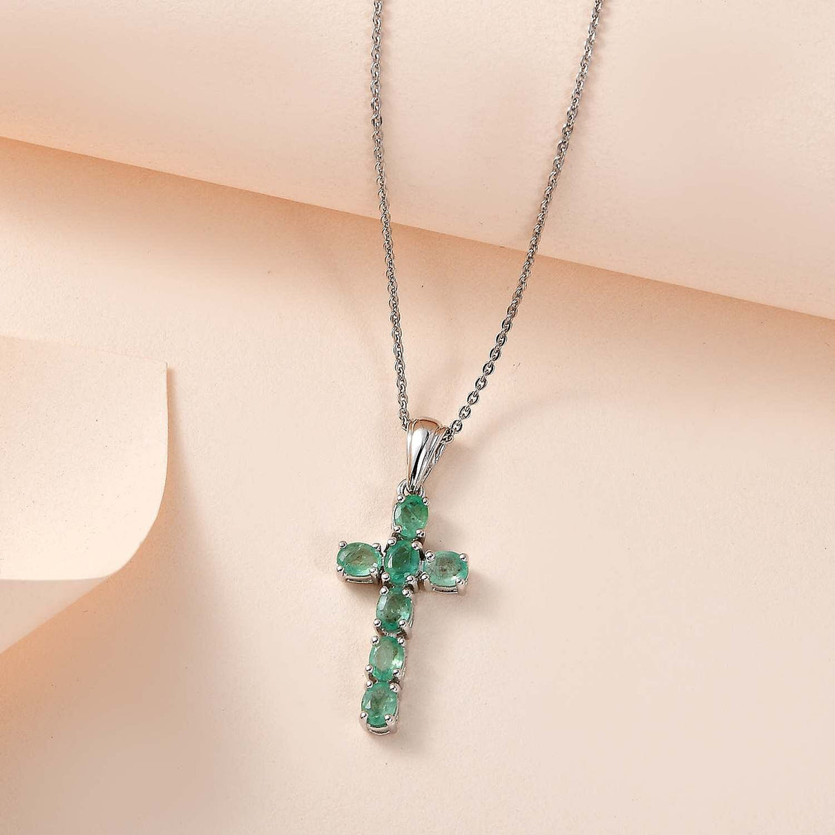 Zambian Emerald Cross Pendant with Chain (Size 20) in Platinum Overlay Sterling Silver 1.064 Ct. 4202881 3