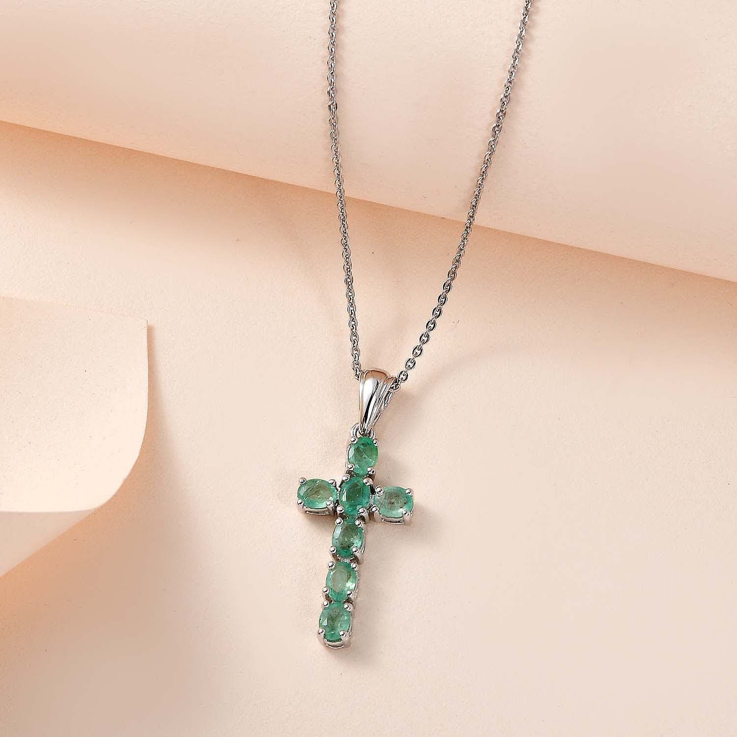 Zambian Emerald Cross Pendant with Chain (Size 20) in Platinum Overlay Sterling Silver 1.064 Ct. 4202881 3