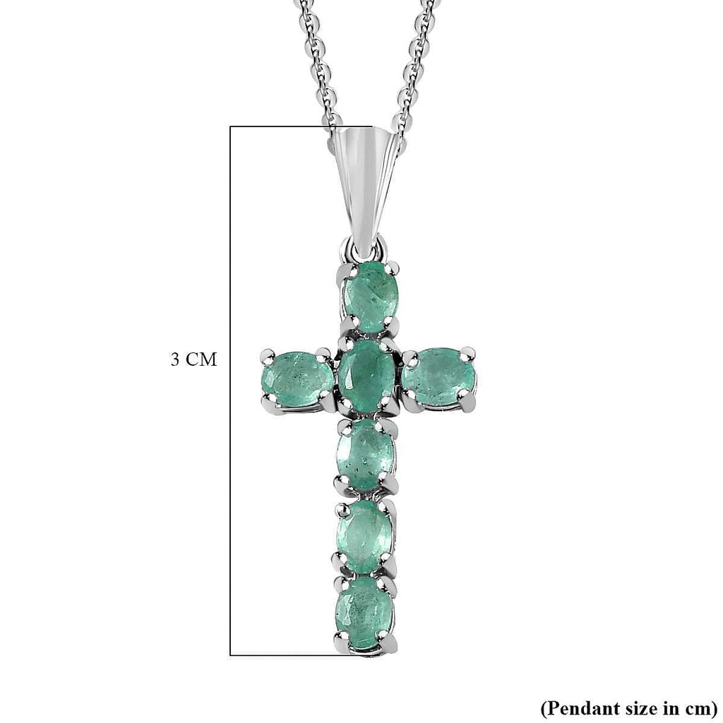 Zambian Emerald Cross Pendant with Chain (Size - 20) in Platinum Overlay Sterling Silver 1.11 Ct.