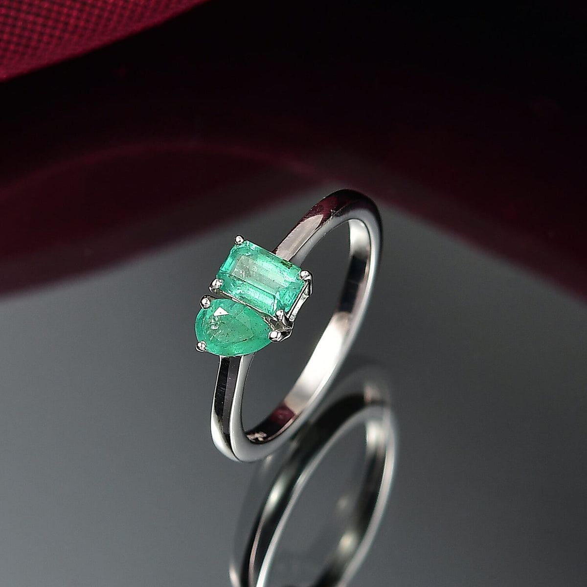 D'joy Toi Et Moi Zambian Emerald Ring in Rhodium Overlay Sterling Silver 8225897 2
