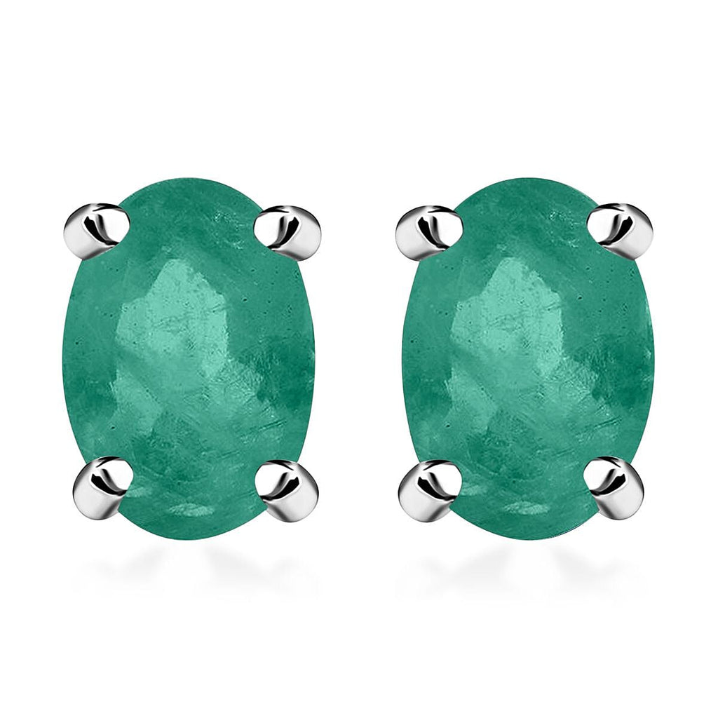 Zambian Emerald Solitaire Stud Push Back Earrings in Platinum Overlay Sterling Silver