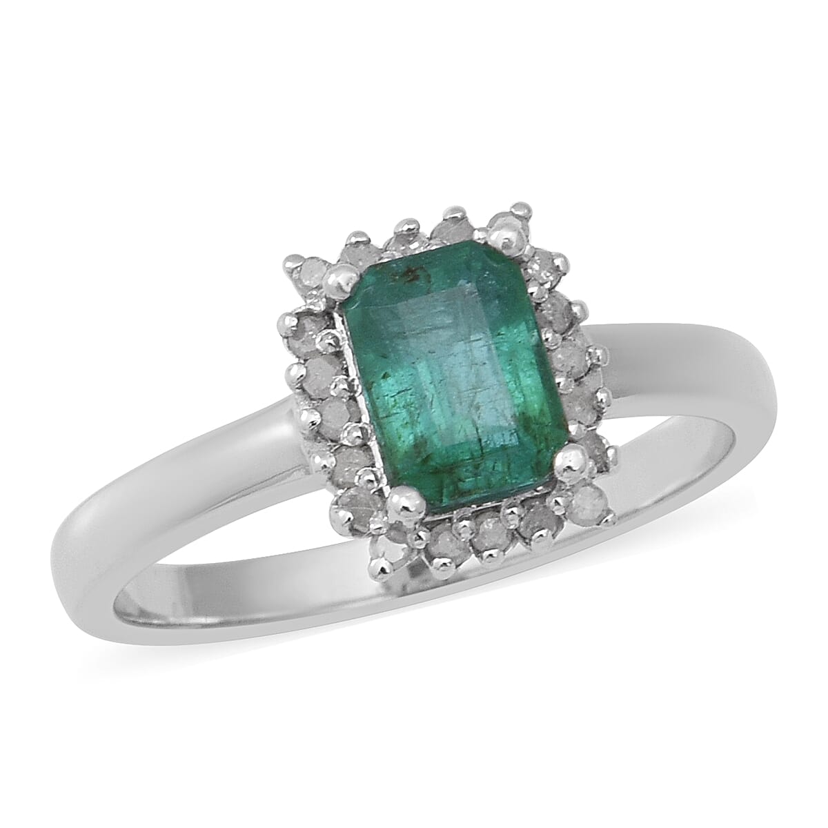 AAA Kagem Zambian Emerald and Diamond Halo Ring in Rhodium Overlay Sterling Silver 1.16 Ct. 7310639 1