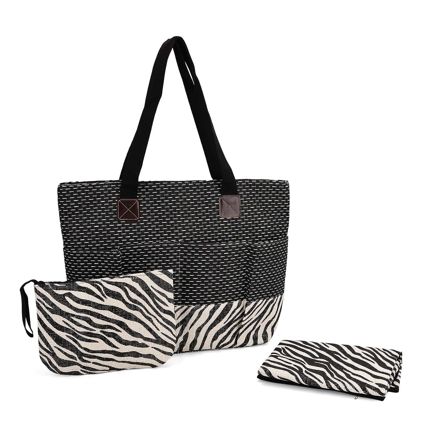 Set of 3 - Zebra Pattern Tote Bag, Pouch and Picnic Mat - Black and White 8049265 0