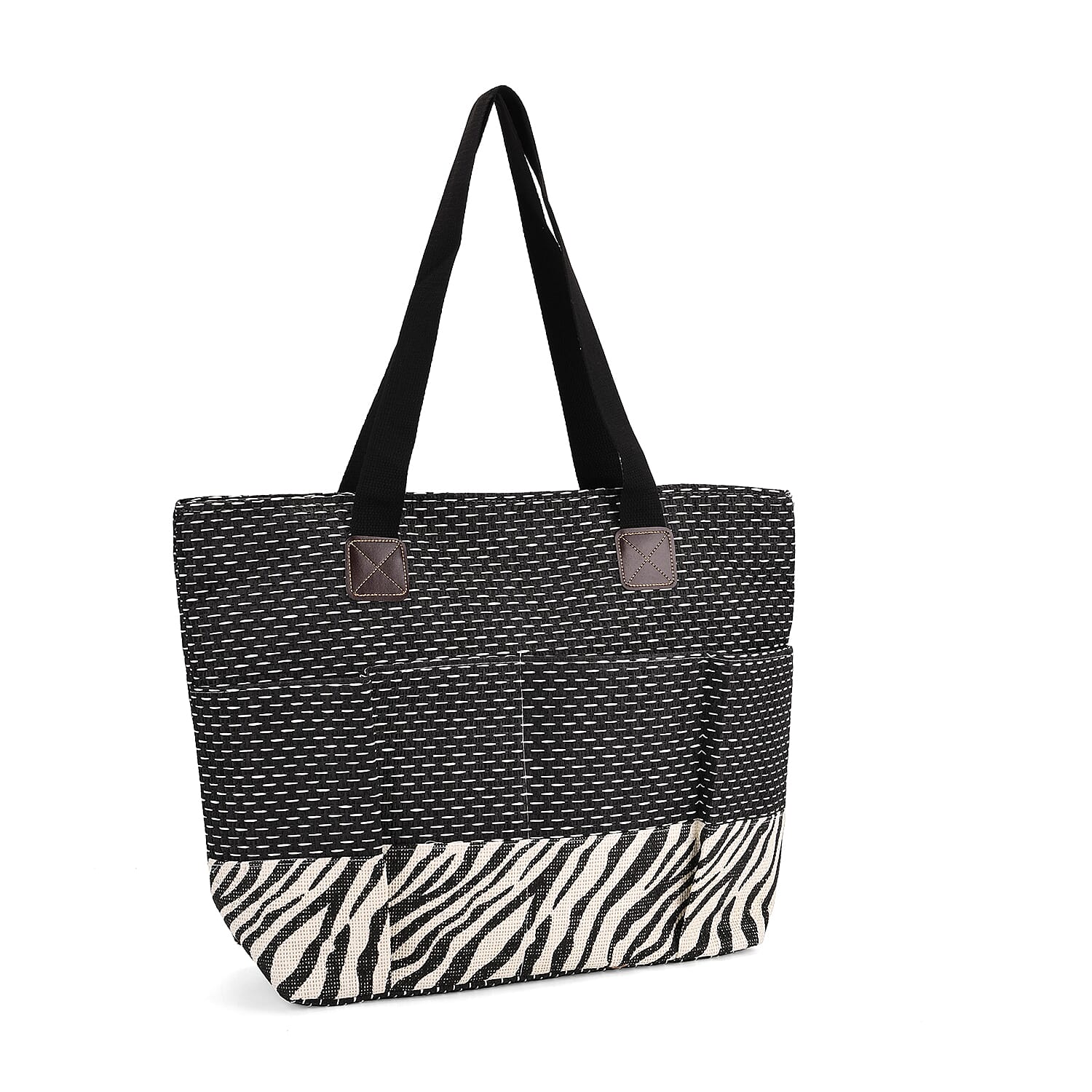 Set of 3 - Zebra Pattern Tote Bag, Pouch and Picnic Mat - Black and White 8049265 3