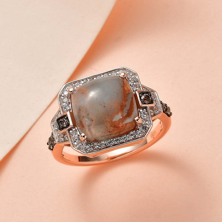Zimbaprase, Natural White Zircon and Brown Zircon Ring in 18K Vermeil Rose Gold Plated Sterling Silver 6.88 Ct 7583594 2