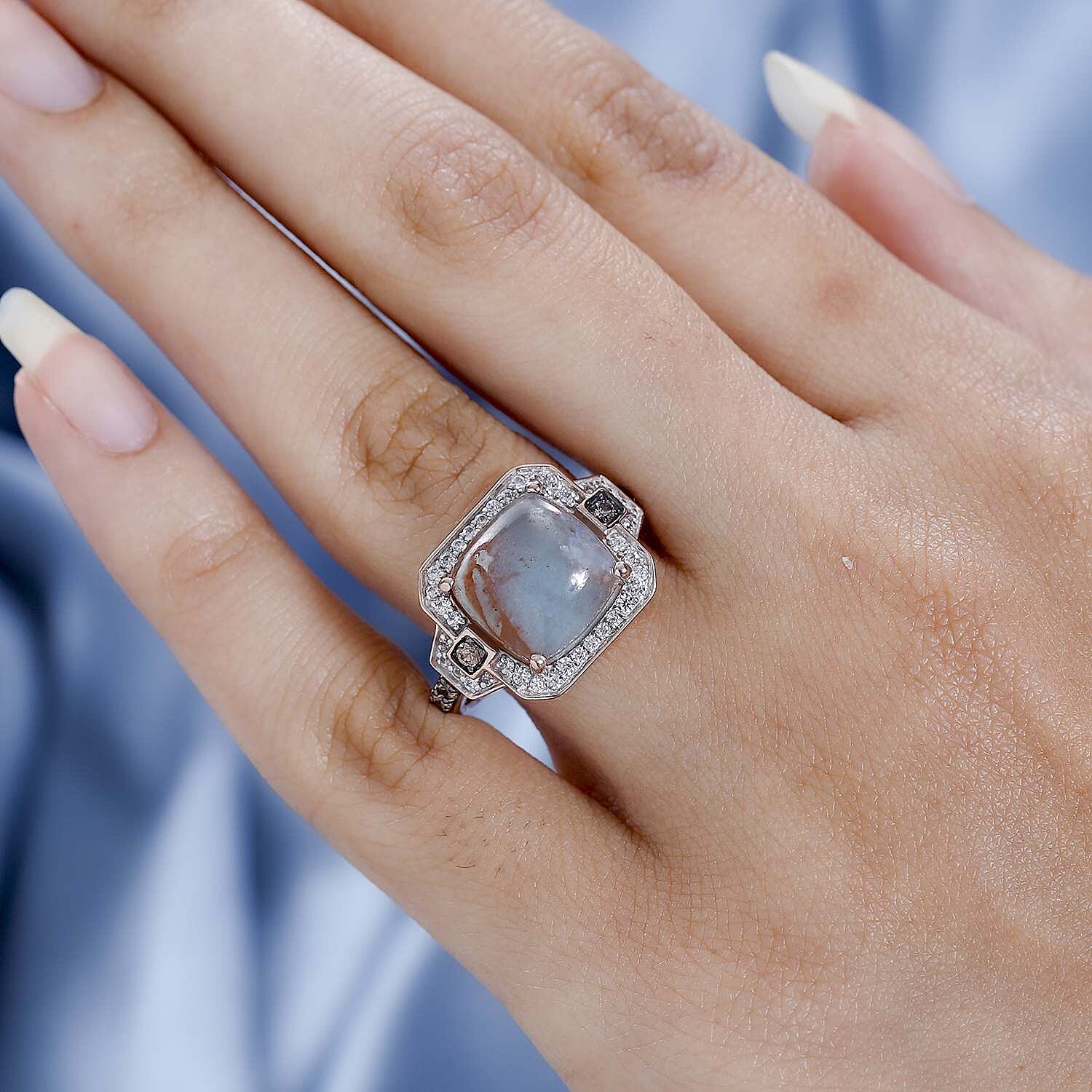 Zimbaprase, Natural White Zircon and Brown Zircon Ring in 18K Vermeil Rose Gold Plated Sterling Silver 6.88 Ct V32522027 2