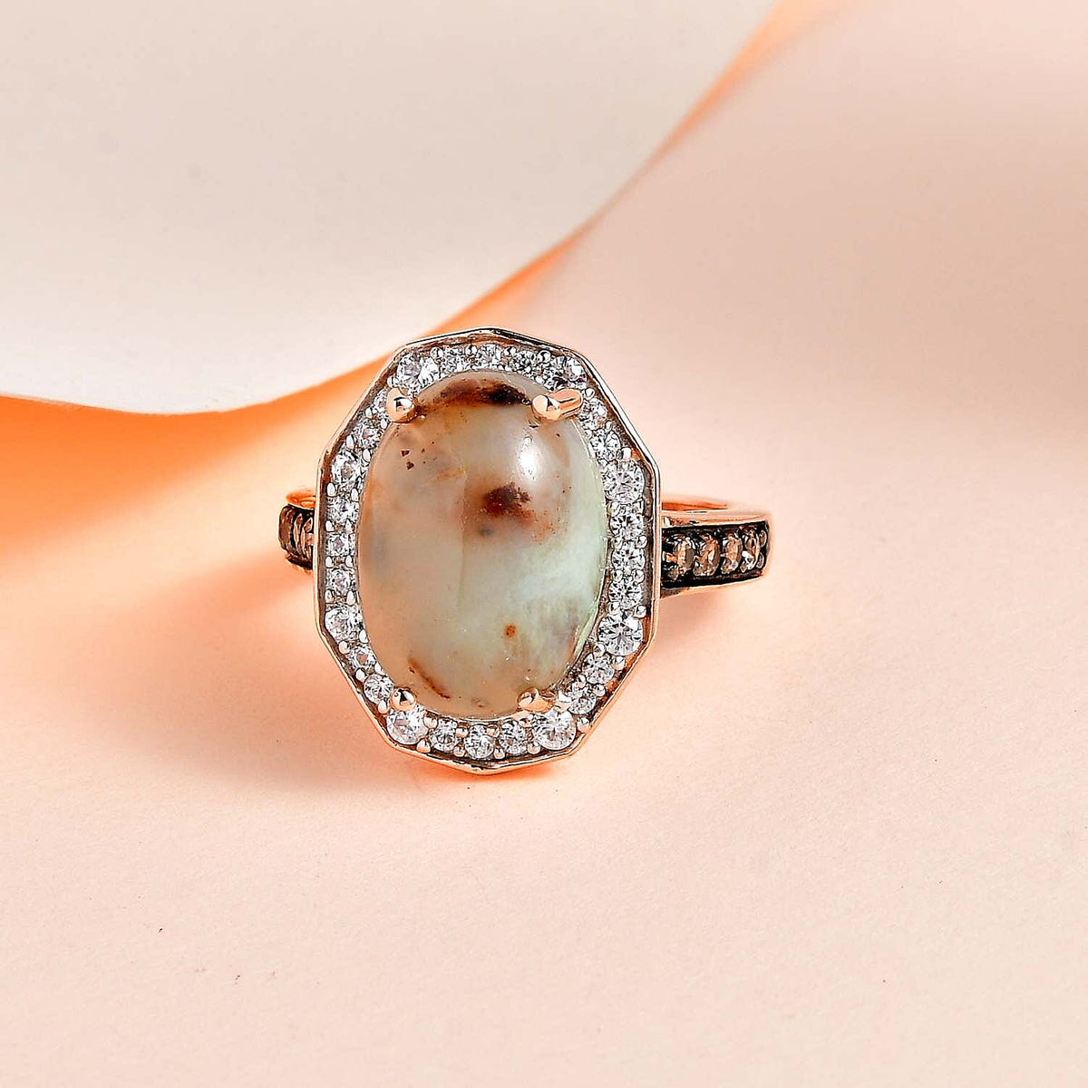 Zimbaprase, Natural White Zircon and Brown Zircon Ring in 18K Vermeil Rose Gold Plated Sterling Silver 6.60 Ct. 7590910 1