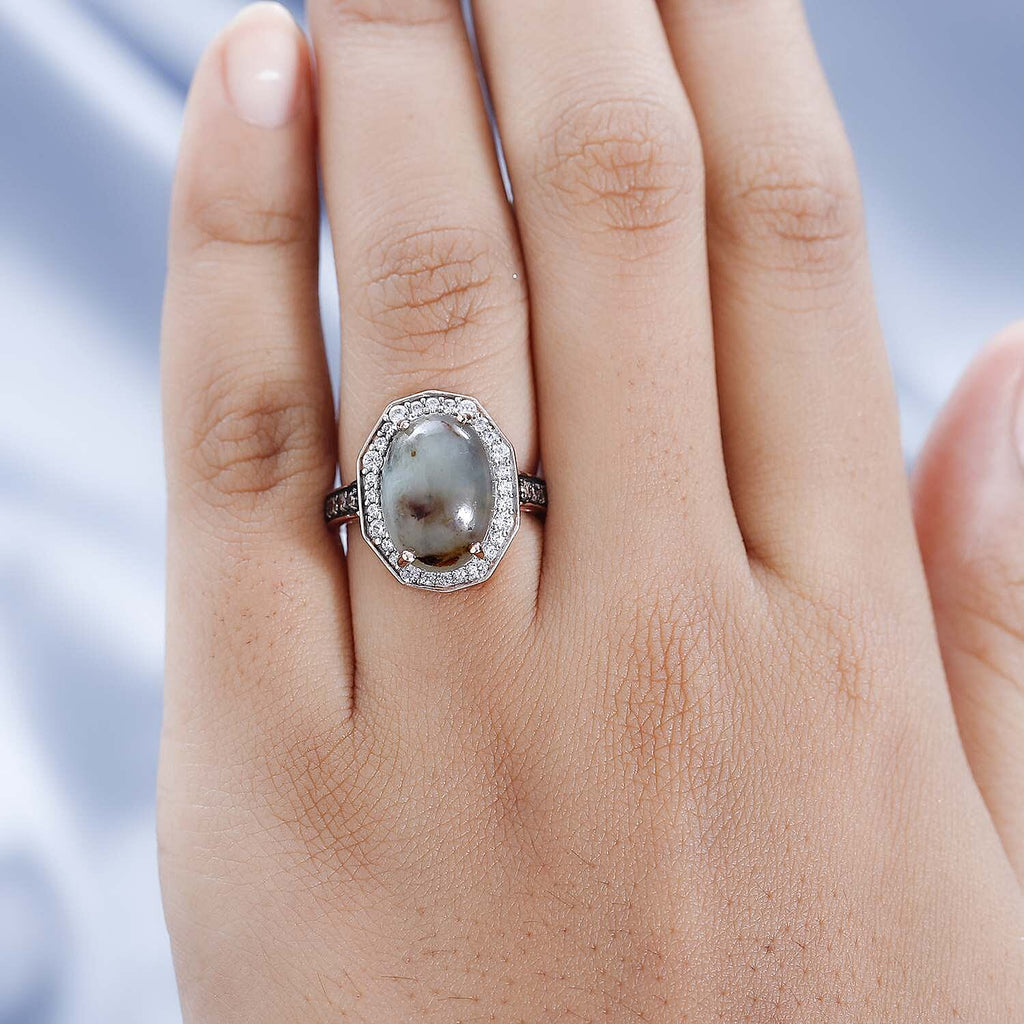 Zimbaprase, Natural White Zircon and Brown Zircon Ring in 18K Vermeil Rose Gold Plated Sterling Silver 6.60 Ct.