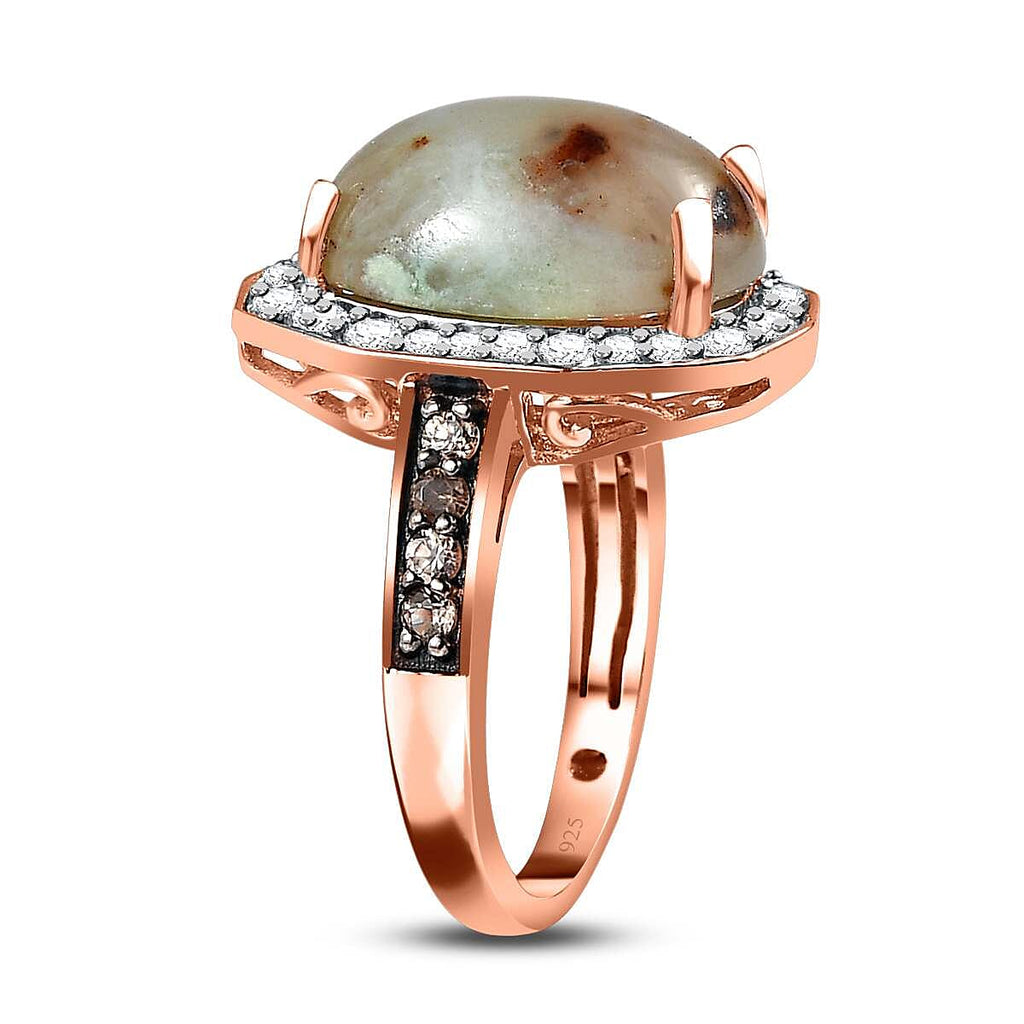 Zimbaprase, Natural White Zircon and Brown Zircon Ring in 18K Vermeil Rose Gold Plated Sterling Silver 6.60 Ct.
