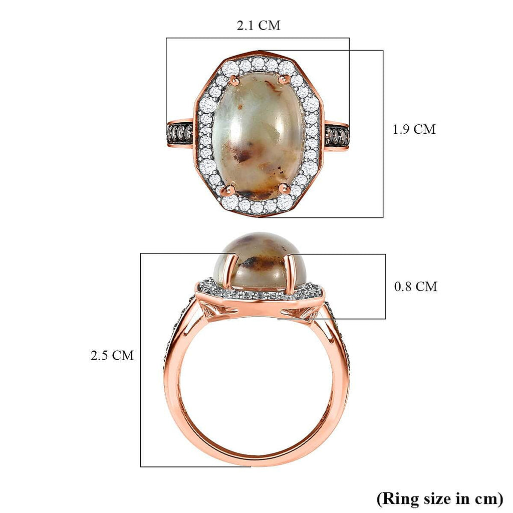 Zimbaprase, Natural White Zircon and Brown Zircon Ring in 18K Vermeil Rose Gold Plated Sterling Silver 6.60 Ct.