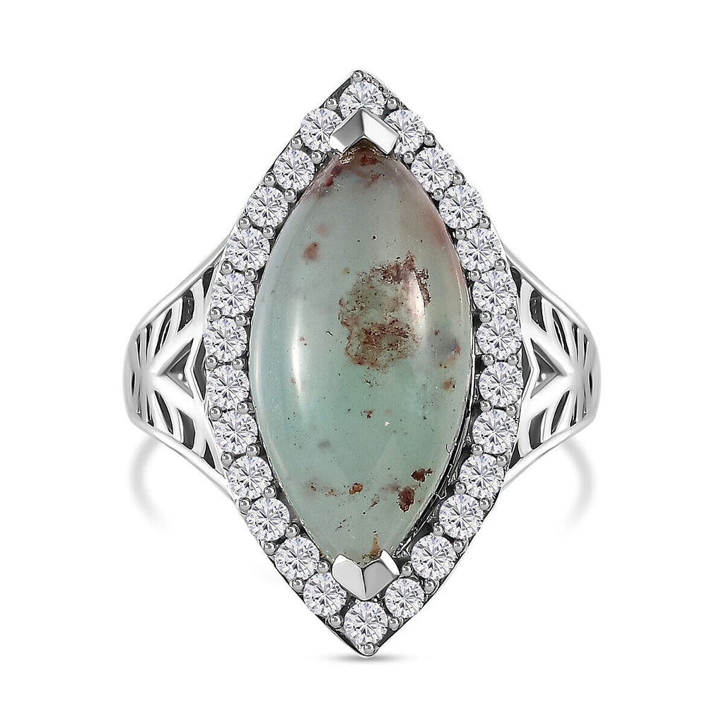 Zimbaprase Marquee and Natural Zircon Cabochon Cut Ring in Platinum Overlay Sterling Silver 7.04 Ct