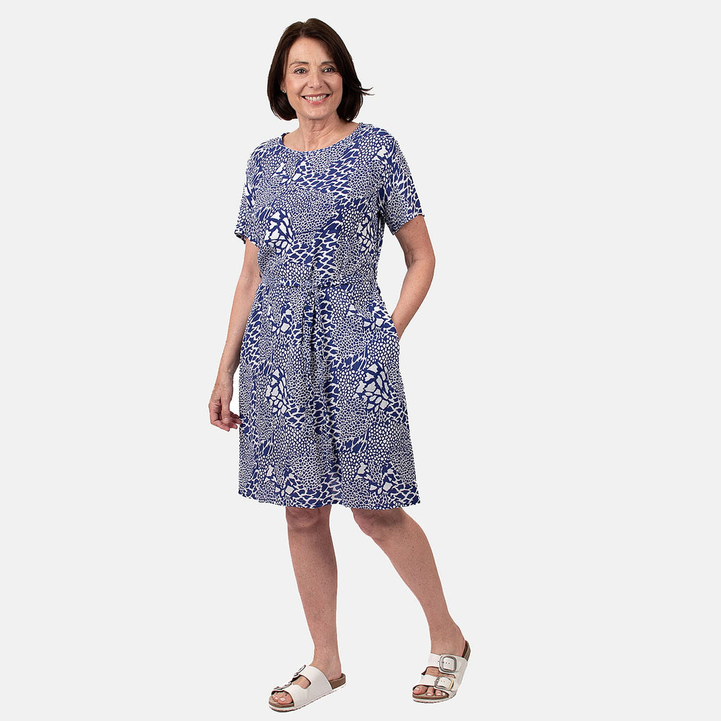 Pure and Natural 100% Viscose Woven Knee Length Dress with Short Sleeve (Size M) - Blue
